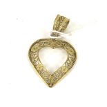 A Continental 14ct gold filigree open-heart shaped pendant.