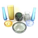 A collection of assorted mid-century glass. Including a pair of cased vases, bubble ashtrays, etc.