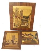 Three home made marquetry woodwork pictures. Max.
