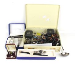 An assortment of costume jewellery. Including a boxed Geneva watch set, cufflinks, necklaces, etc.