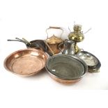 A collection of assorted metalware including copper saucepans, etc. Max.