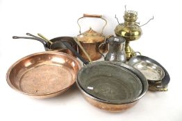 A collection of assorted metalware including copper saucepans, etc. Max.