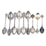 Five William IV Scottish silver fiddle and shell pattern teaspoons and other spoons.