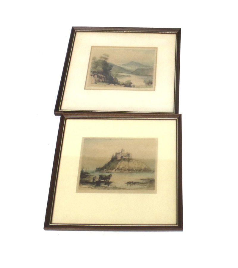 A pair of James Alhege Brewer colour etchings. Including 'St. Michaels Mount' and 'Loch Lomond'.