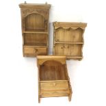 Three assorted pine shelf wall units. Two with plate racks, Max.