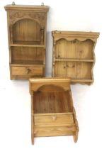 Three assorted pine shelf wall units. Two with plate racks, Max.