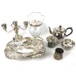 A collection of silver plate. Including a fruit basket, biscuit barrel, etc.