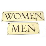 Two vintage brown and cream enamel door signs. 'WOMEN' & 'MEN'. Max.