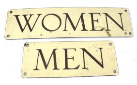 Two vintage brown and cream enamel door signs. 'WOMEN' & 'MEN'. Max.