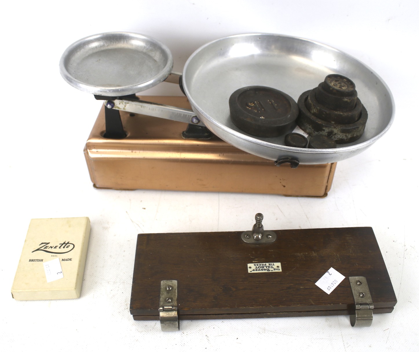 Set of vintage Lock's balance kitchen scales with weights and a tie press, etc. Max.