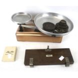 Set of vintage Lock's balance kitchen scales with weights and a tie press, etc. Max.