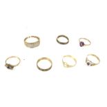 A group of seven 9ct gold and gem set dress rings.