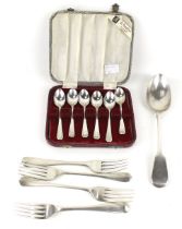 A collection of Victorian and later silver flatware; Comprising; fiddle pattern table spoon;