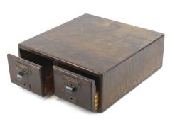 A Victorian oak index card box file with two drawers.