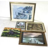 A collection of five assorted pictures. Including prints and a painting on canvas. Max.