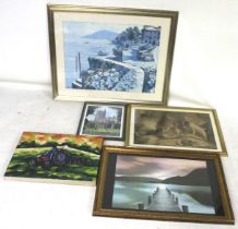 A collection of five assorted pictures. Including prints and a painting on canvas. Max.