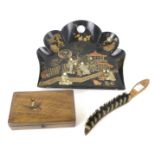 A vintage lacquer dustpan and brush and an oriental box.