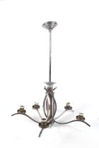 An Art Deco five branch chrome and copper ceiling pendant light.