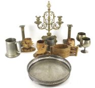 A collection of assorted metalware and treen items.