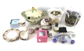 Mixed lot of assorted china, glass paperweights, costume jewellery and trinket boxes. Max.