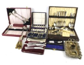 A brass two-bottle rectangular ink stand and a quantity of assorted silver plated items.