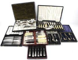 Six silver rat tail coffee spoons and collection of silver-plated flatware and serving items,