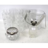 A Ralph Lauren 'Glen Plaid' crystal glass ice bucket, four Waterford glasses, etc. Including tongs.