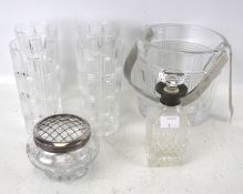 A Ralph Lauren 'Glen Plaid' crystal glass ice bucket, four Waterford glasses, etc. Including tongs.