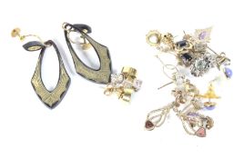 A collection of gold, semi precious and hardstone set earrings.