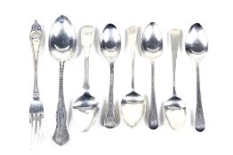 Nine George III and later silver small spoons and a dessert or christening fork.