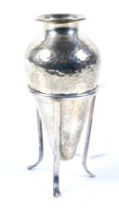 A hammered white metal amphora shaped vase on stand. Stamped '925', 12.