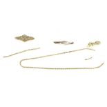 Three Victorian and later 9ct gold brooches and an unmarked and damaged rope necklace.