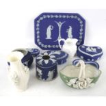 A selection of assorted blue and white Jasperware. Including Wedgwood and Tunstall, etc. Max.