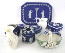 A selection of assorted blue and white Jasperware. Including Wedgwood and Tunstall, etc. Max.