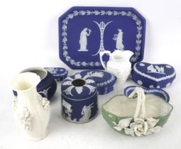 A selection of assorted blue and white Jasperware. Including Wedgwood and Tunstall, etc. Max.