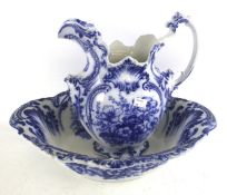 A Victorian blue and white pitcher and basin.
