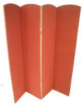A pink fabric covered four-section folding screen.