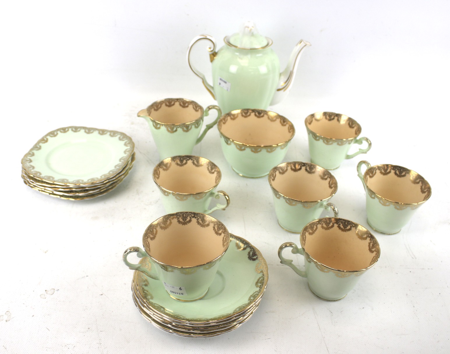 A vintage Wellington China green and blush tea service.