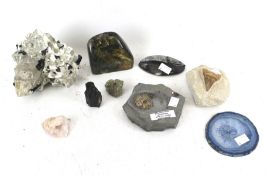 A collection of assorted fossils and crystals. Including a polished geode slice and a tooth, etc.