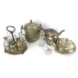 A collection of assorted silver plate. Including a biscuit barrel and an inkwell, etc.