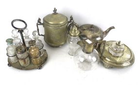 A collection of assorted silver plate. Including a biscuit barrel and an inkwell, etc.