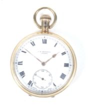 J W Benson, London, an early 20th century 9ct gold cased open face keyless pocket watch.