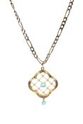 An early 20th century gold and turquoise open quatrefoil pendant and chain.