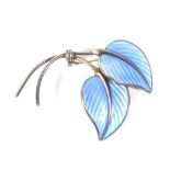 A Norwegian 'Sterling' and pale-blue guilloche enamel twin leaf and stem brooch.