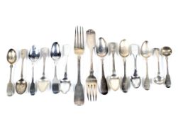 A collection of 19th century and later silver fiddle pattern flatware.