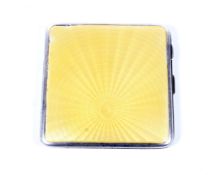 A silver and yellow guilloche enamelled square cigarette case.