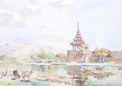 Khin Maung XX , Burmese, watercolour. A river landscape with pagoda etc., signed lower right, 25.