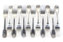 A set of twelve William IV silver fiddle, thread and shell table forks.