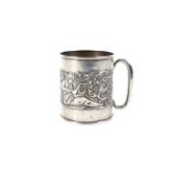 A silver small can-shaped christening mug.