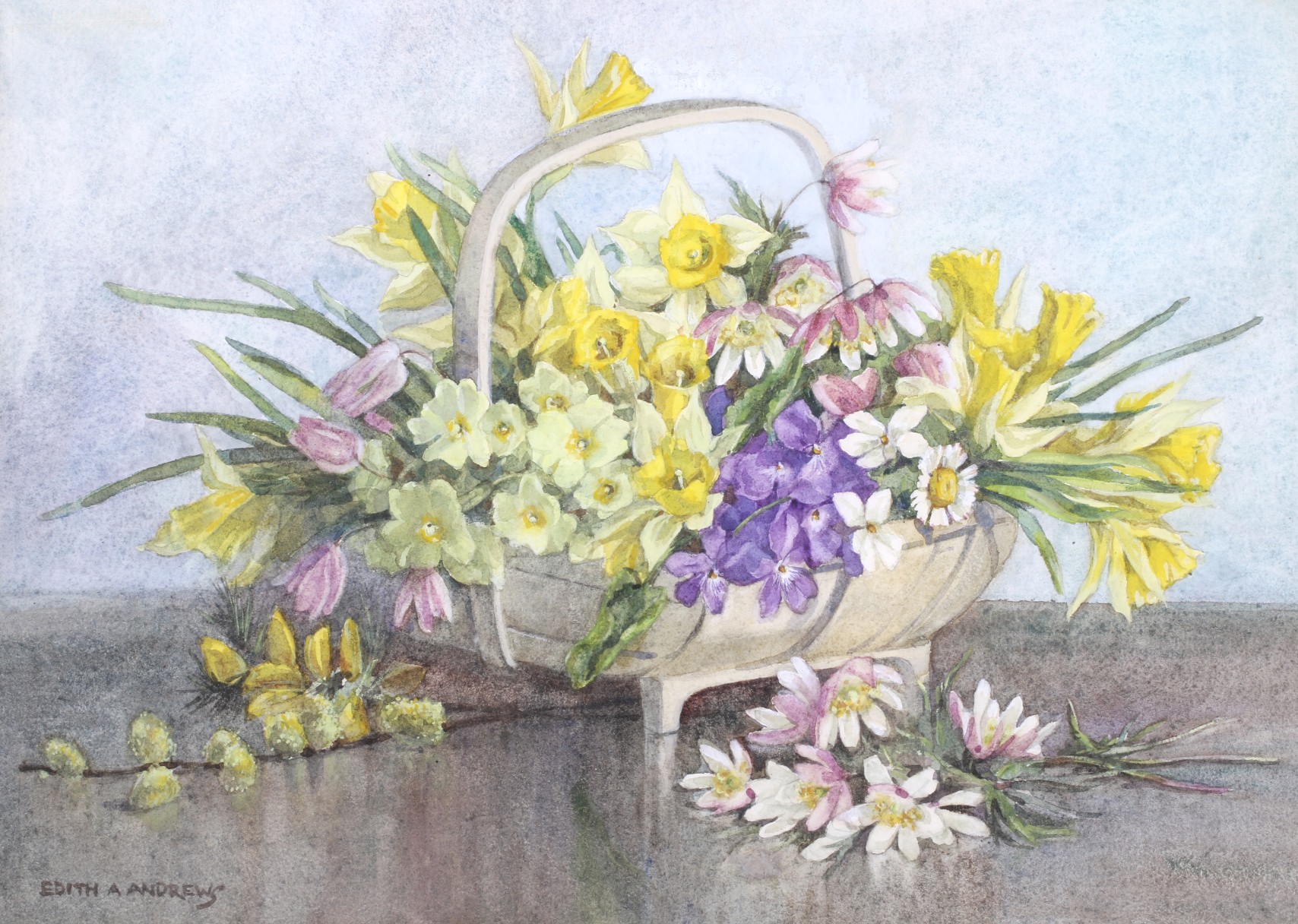 Edith Alice Andrews (exh. 1900-1940), watercolour on paper. 'A spring basketful', 25cm x 35cm.